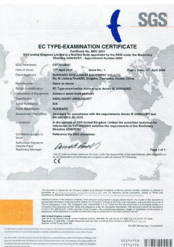 Certificado CE de plataforma elevadora de tijera